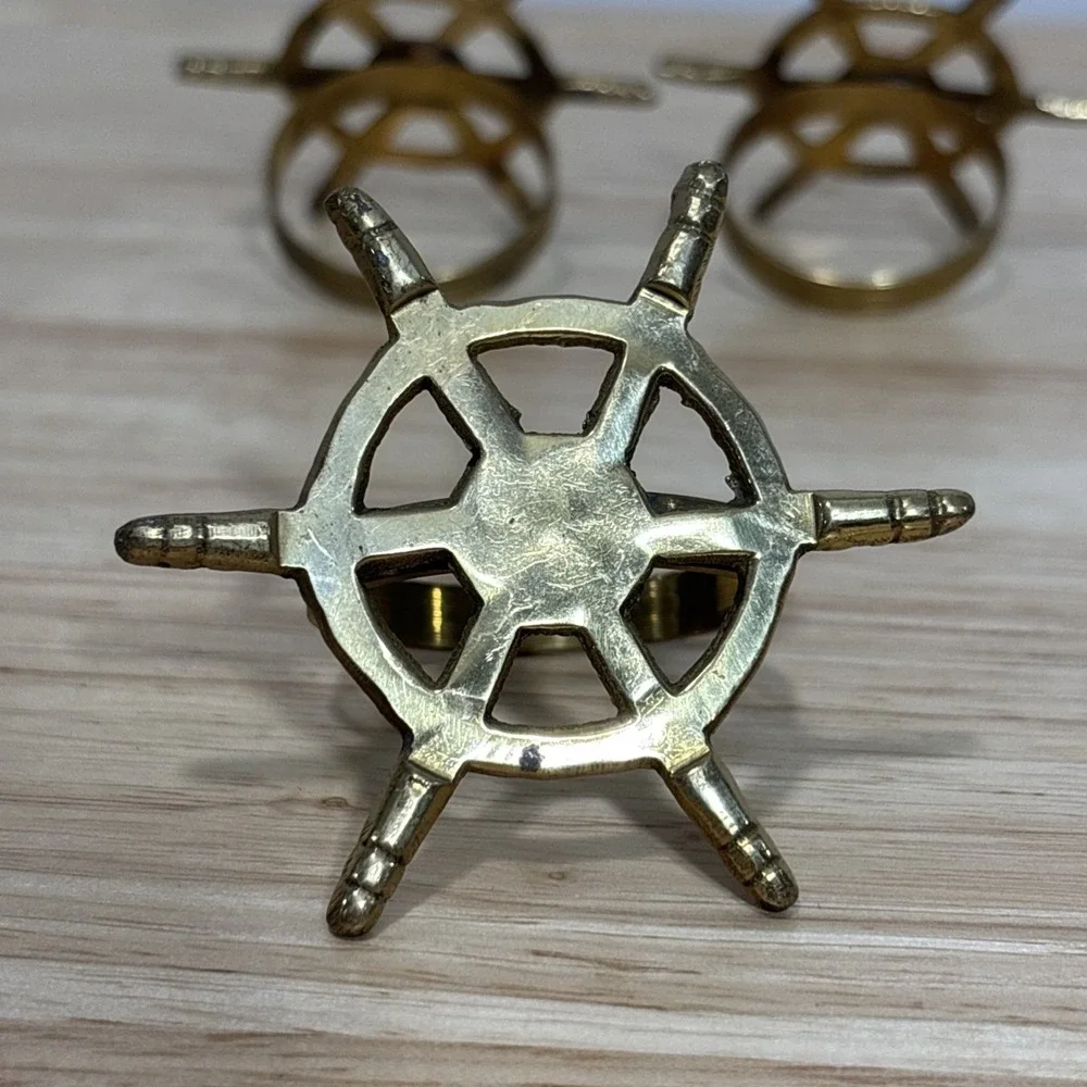 6 Brass Metal Ship Wheel Napkin Rings Nautical Decorative Table Decor Gold Tone